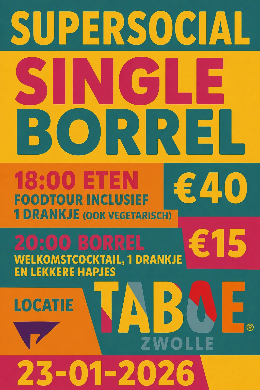 Flyer van Super Social Single Borrel op 23 januari 2026